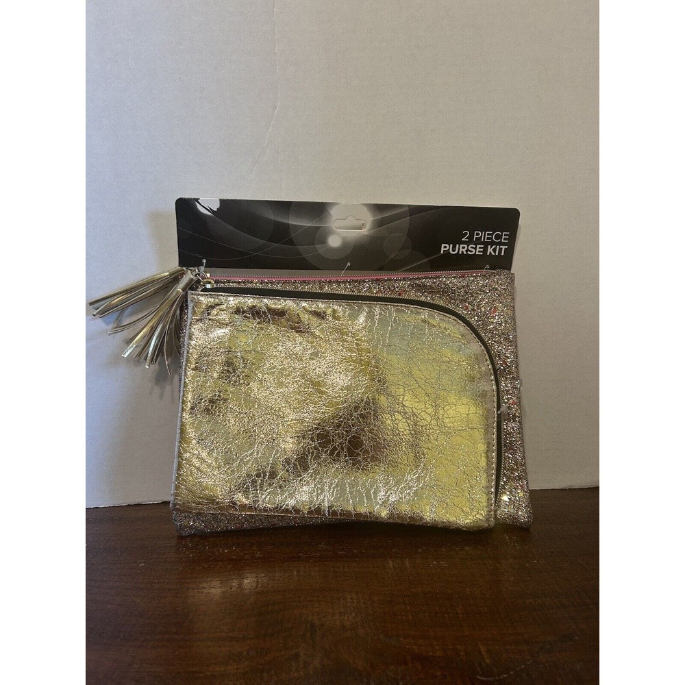 2-Pc Allegro Gold Foldover bag plus Rose Gold Glitter Cosmetics Bag Retro Y2K